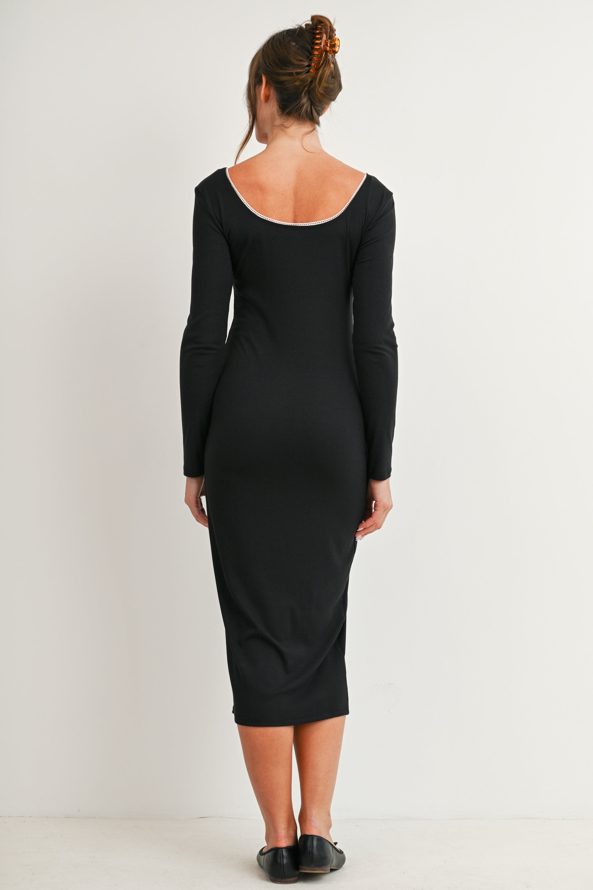 Black Long Sleeve Ribbed Scoop Neck Maternity Midi Dress with Lace Trim Back View