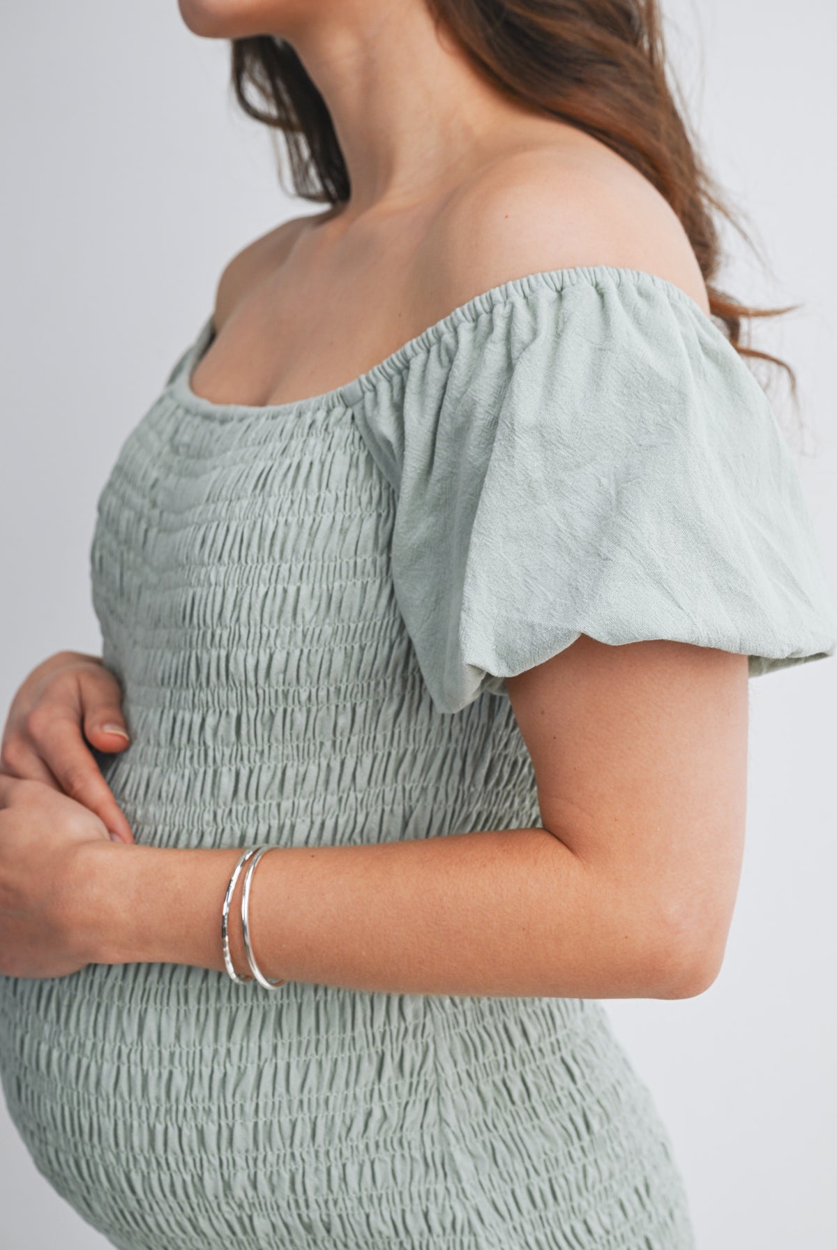 Sage Off Shoulder Smocked Ruffle Hem Maternity Midi Bodycon Dress Close Up