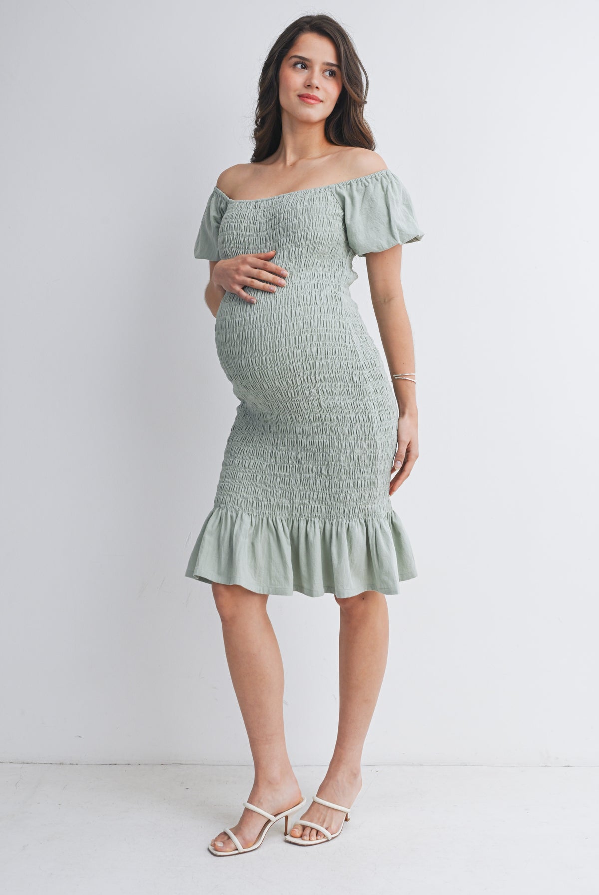 Sage Off Shoulder Smocked Ruffle Hem Maternity Midi Bodycon Dress Side View
