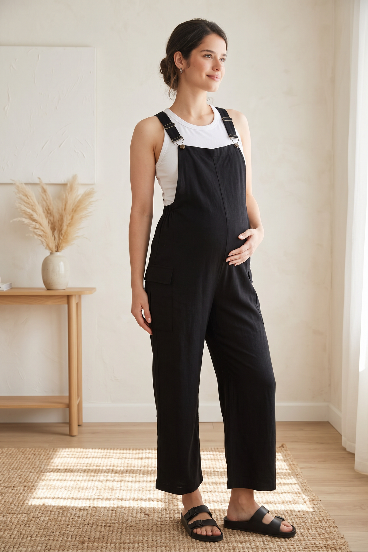 Black Adjustable Straight Leg Maternity Overalls