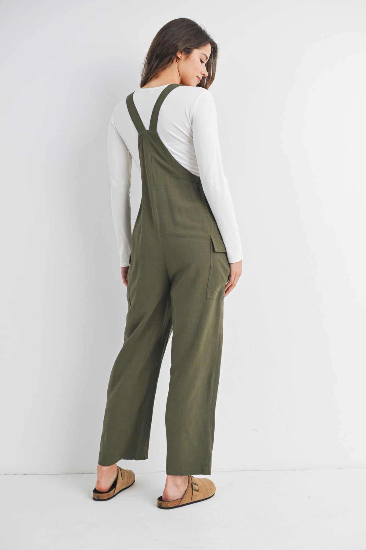 Olive Adjustable Straight Leg Maternity Overalls Back View