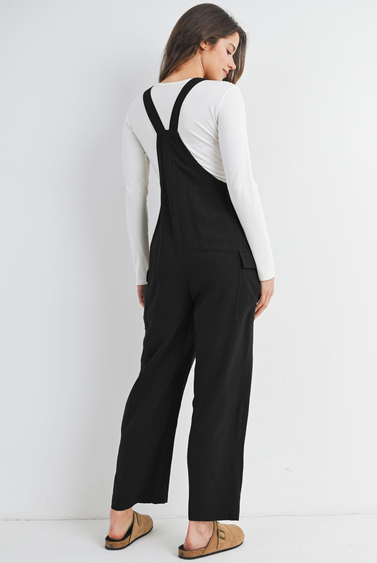 Black Adjustable Straight Leg Maternity Overalls Back View