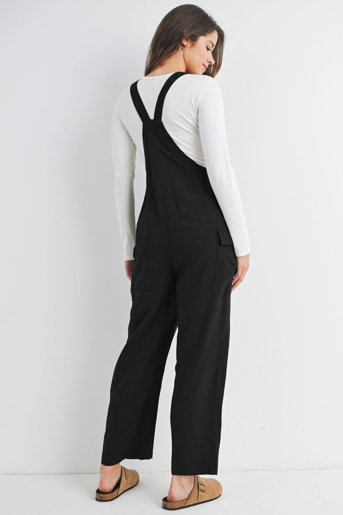 Black Adjustable Straight Leg Maternity Overalls Back View