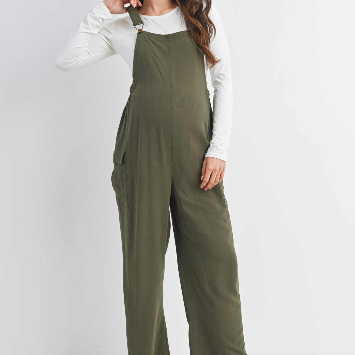 Olive Adjustable Straight Leg Maternity Overalls Front View