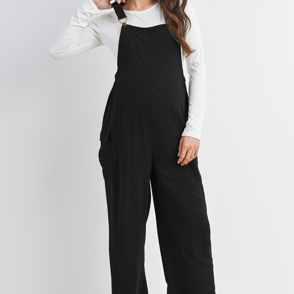 Black Adjustable Straight Leg Maternity Overalls Front View