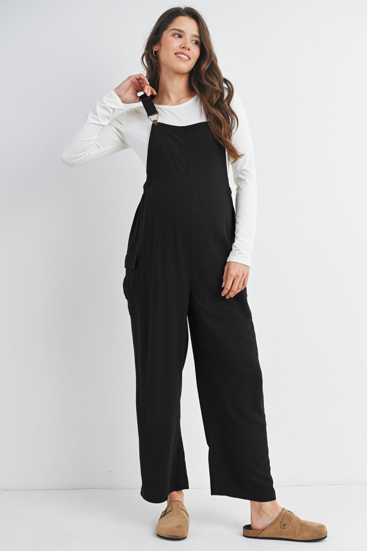 Black Adjustable Straight Leg Maternity Overalls Front View