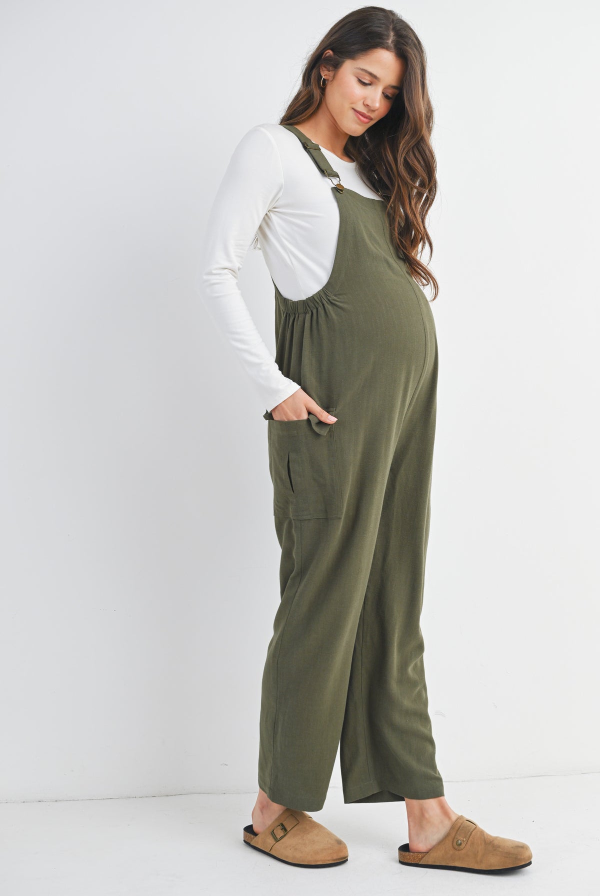 Olive Adjustable Straight Leg Maternity Overalls Side View