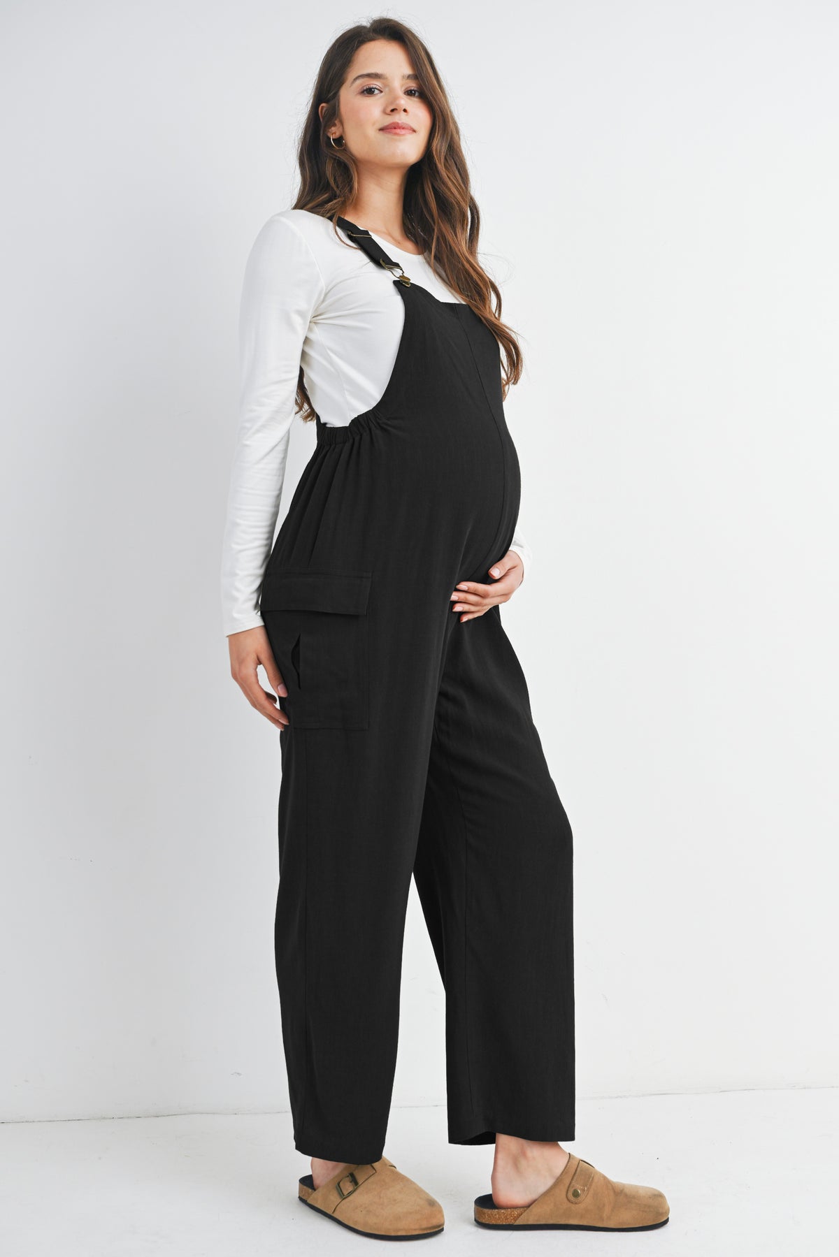 Black Adjustable Straight Leg Maternity Overalls Side View