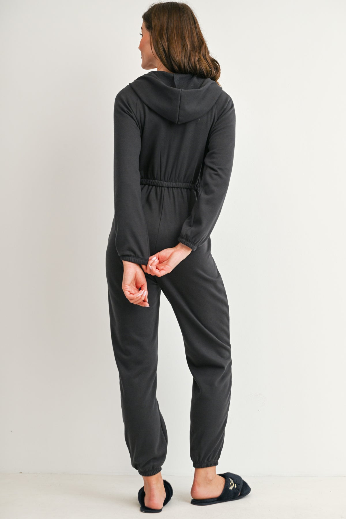 Maternity hooded jogger jumpsuit with elasticized waist and cuffs back view