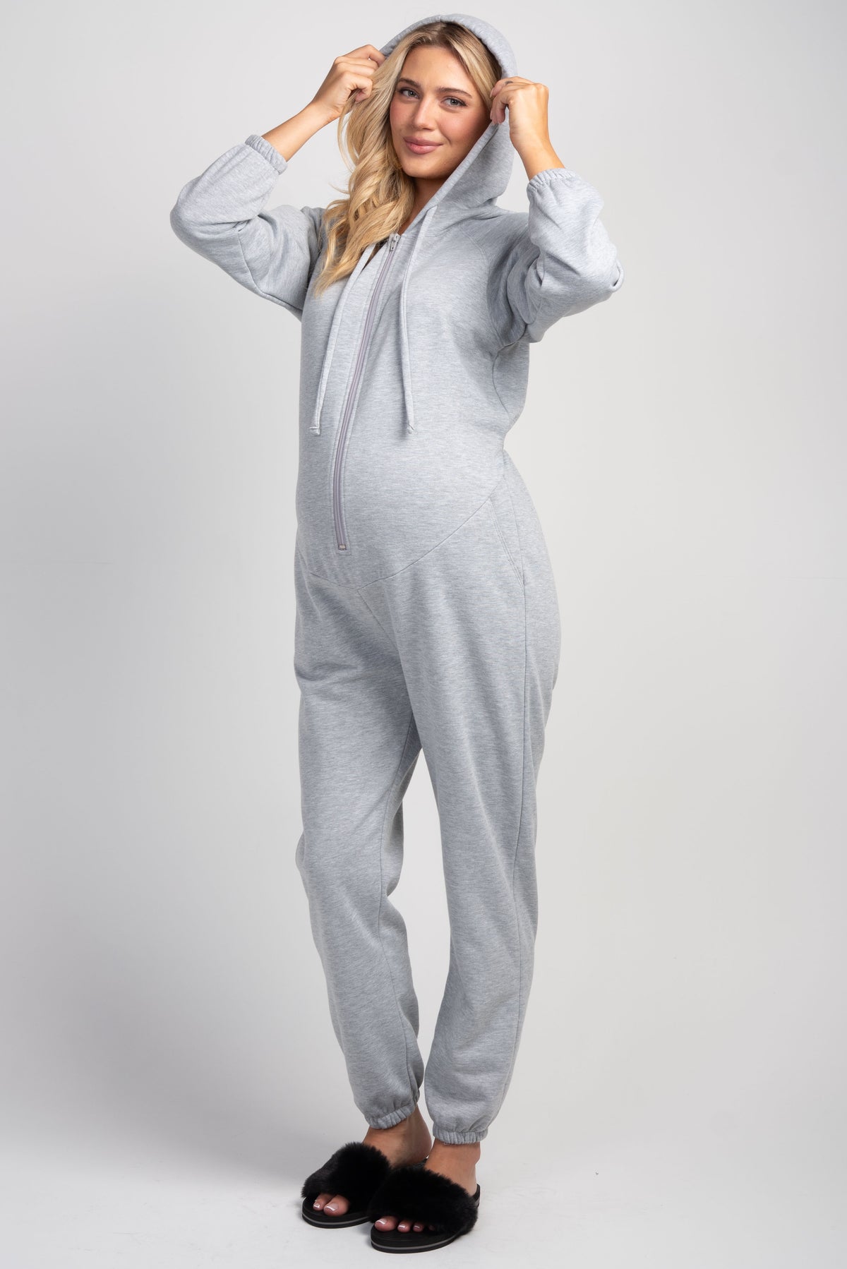Heather grey maternity nursing jumpsuit with drawstring hood and elasticized cuffs