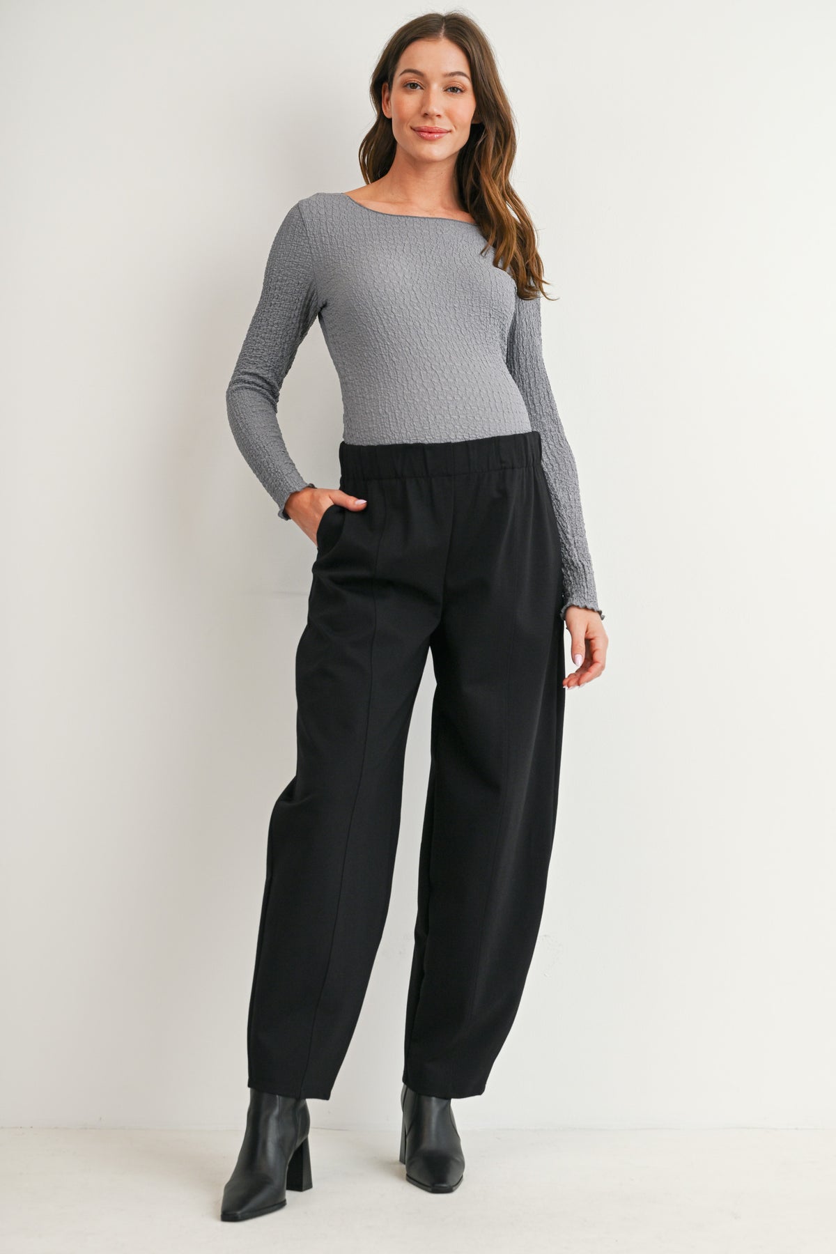 Black Pull-On Cropped Tapered Leg Maternity Pants with Pockets Full Body