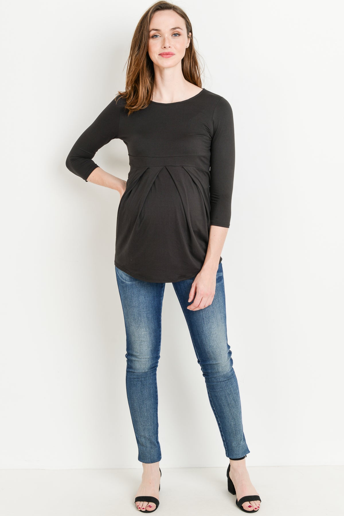 Black Front Pleat Round Neck Maternity Top Full Body