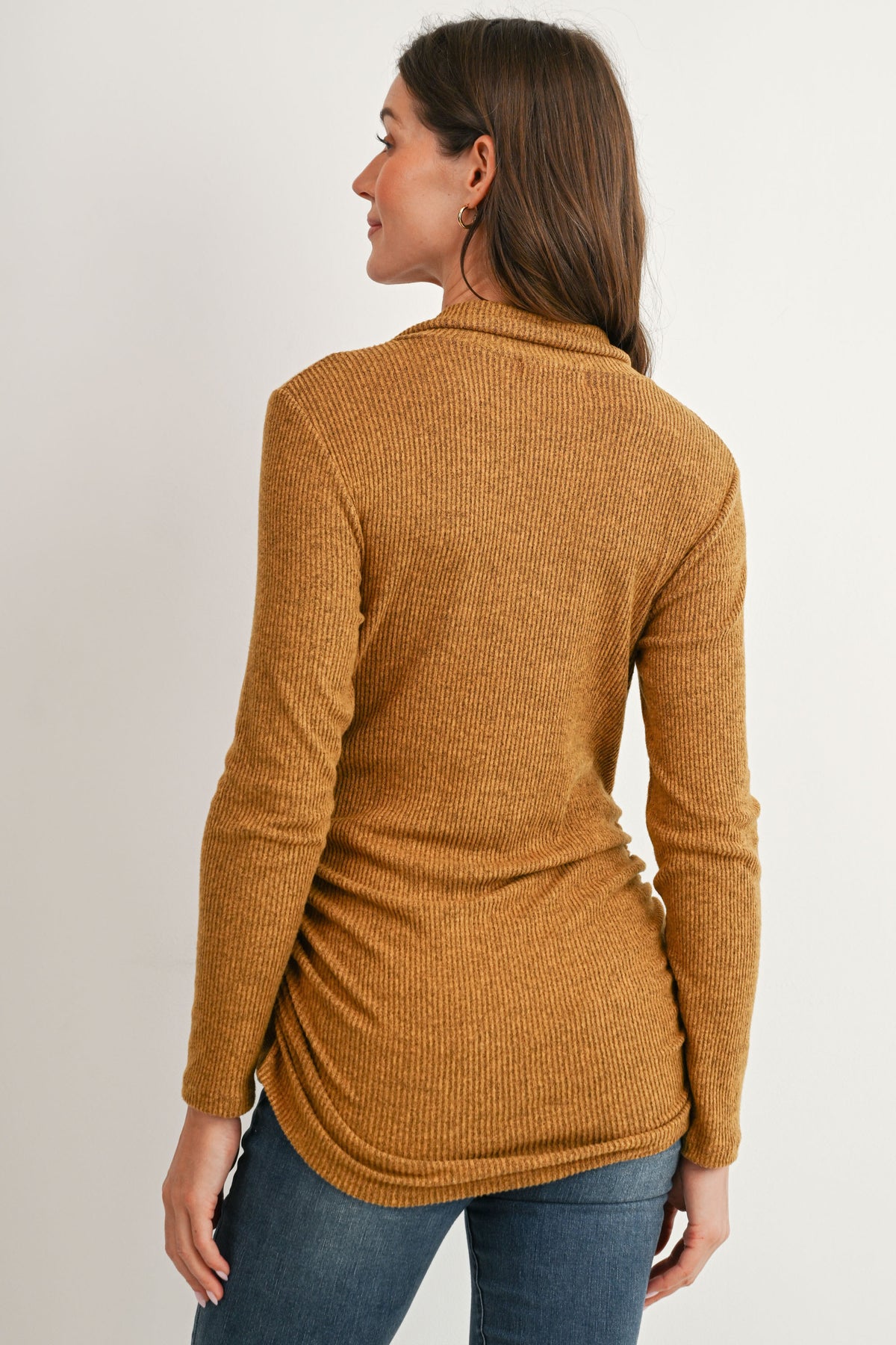 Mustard Faux Wrap V-Neck Long Sleeve Nursing Maternity Top Back View