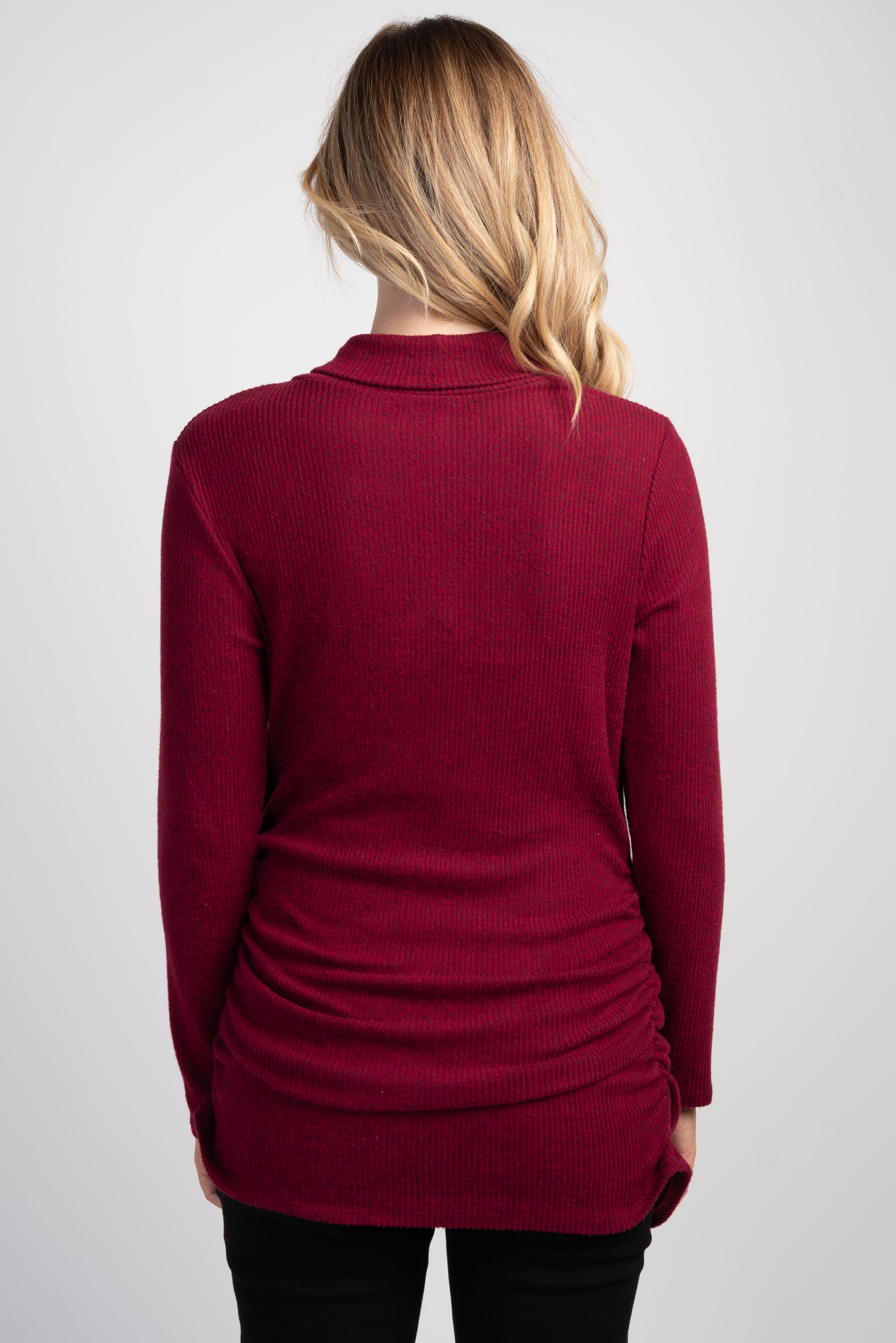 Burgundy Faux Wrap V-Neck Long Sleeve Nursing Maternity Top Back View