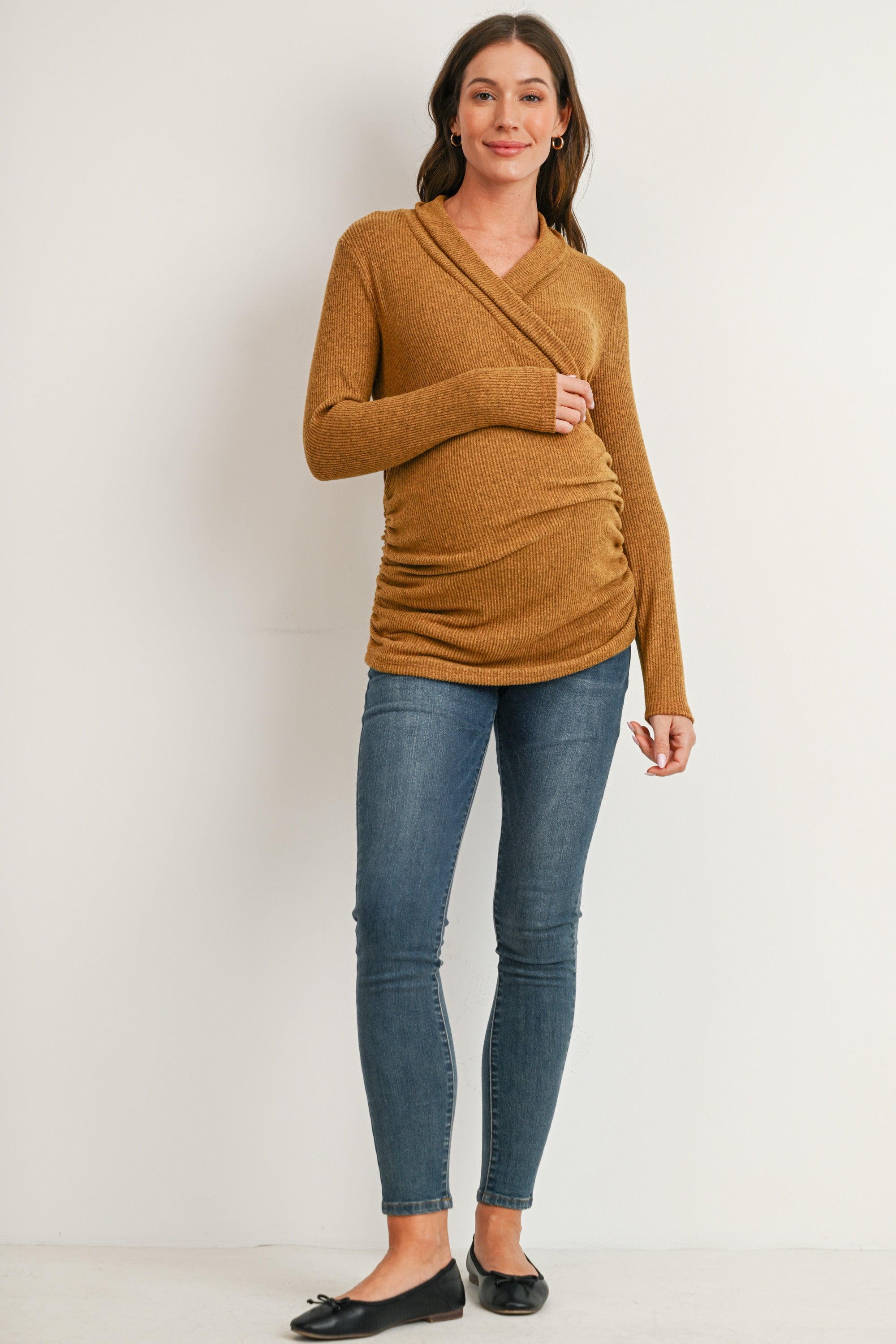 Mustard Faux Wrap V-Neck Long Sleeve Nursing Maternity Top Front View