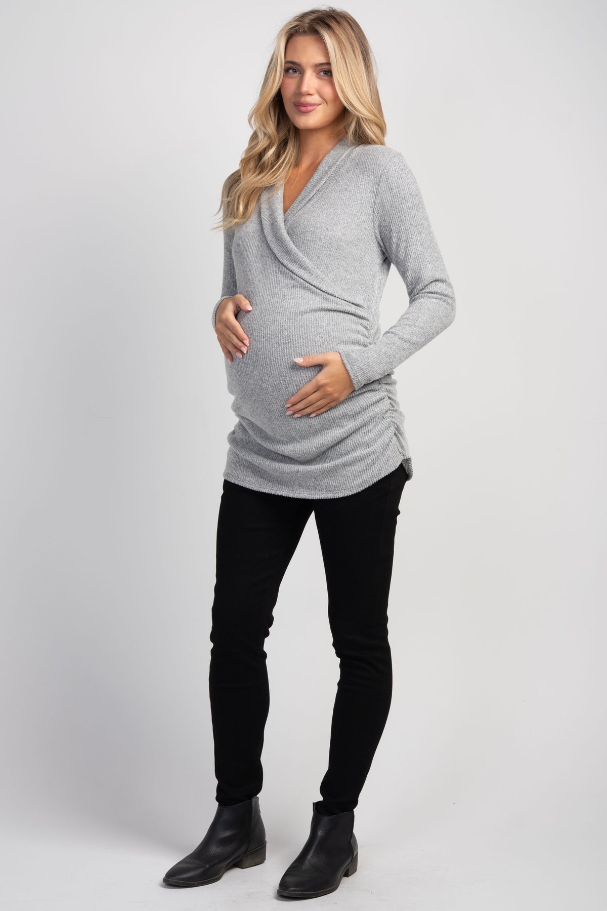Heather Grey Faux Wrap V-Neck Long Sleeve Nursing Maternity Top Full Body