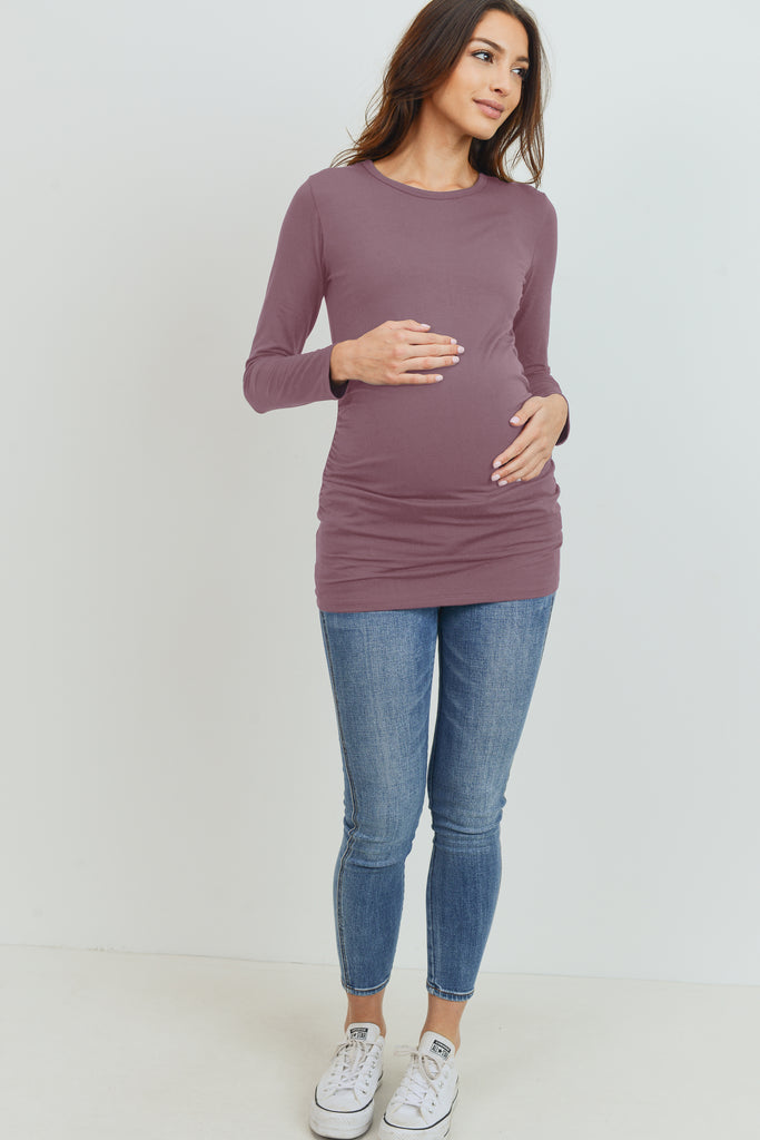 Mauve Modal Jersey Round Neck Long Sleeve Maternity Top Full Body