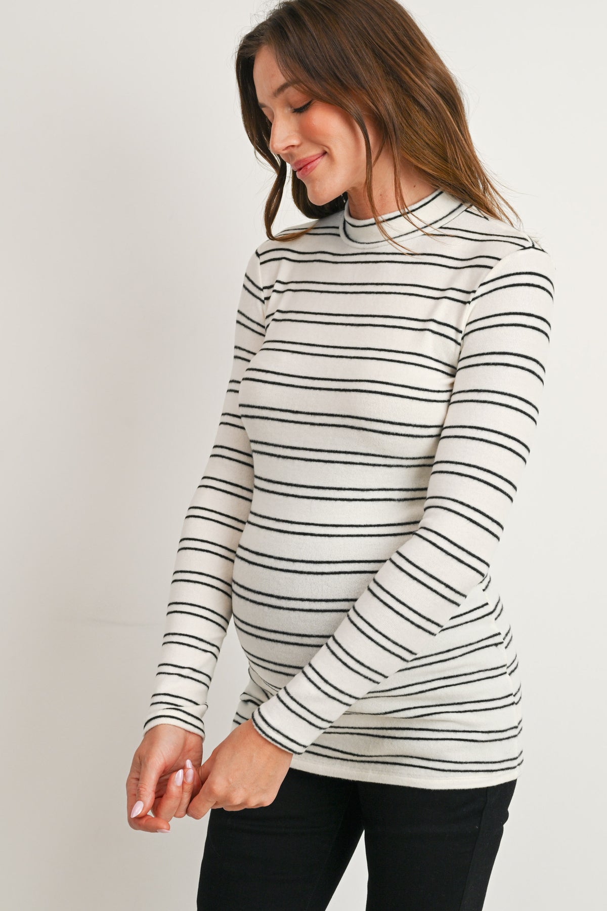 White Striped Mock Neck Long Sleeve Maternity Top Side View