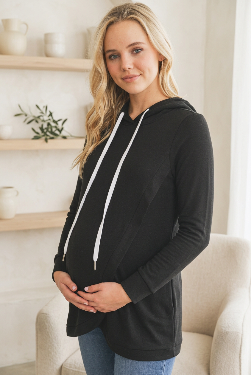 Black Heavy Brushed French Terry Maternity/Nursing Hoodie Lifestyle