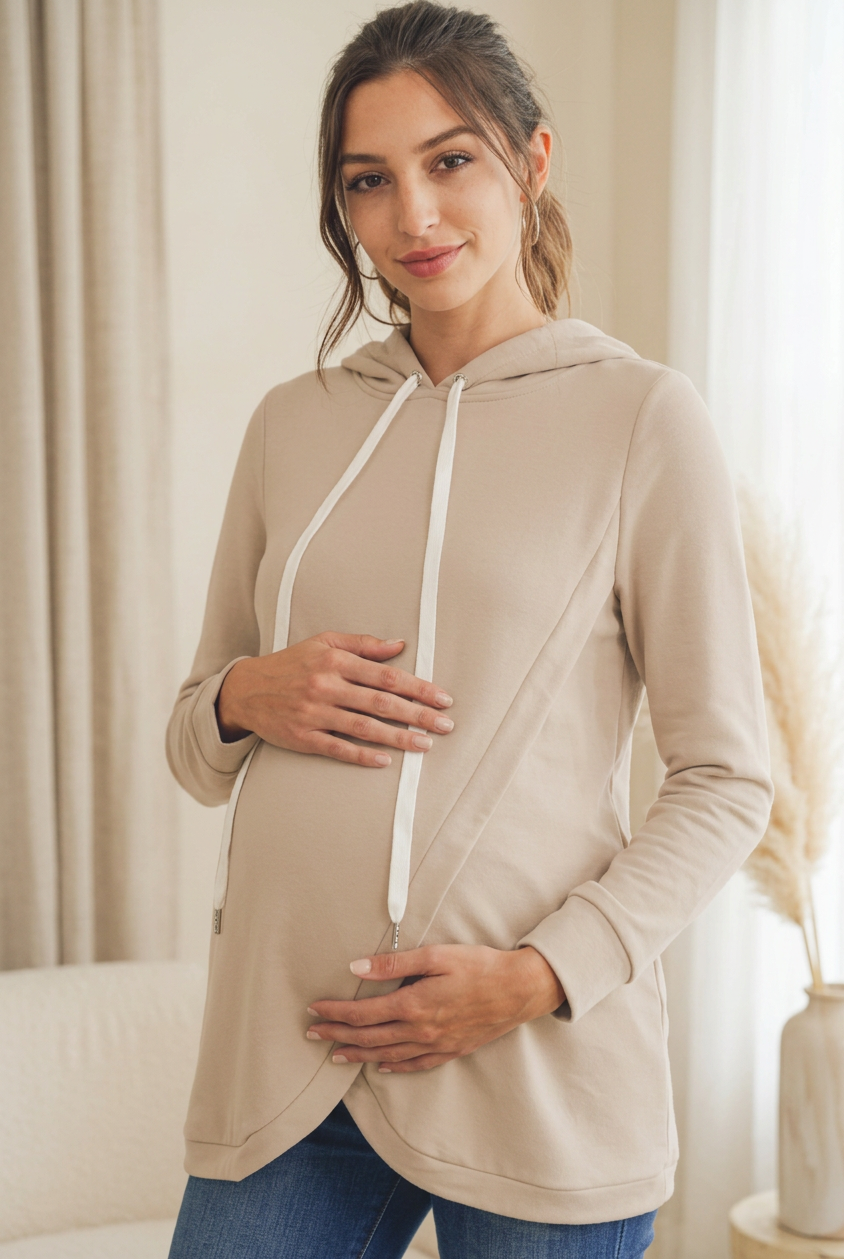 Taupe Heavy Brushed French Terry Maternity/Nursing Hoodie Lifestyle