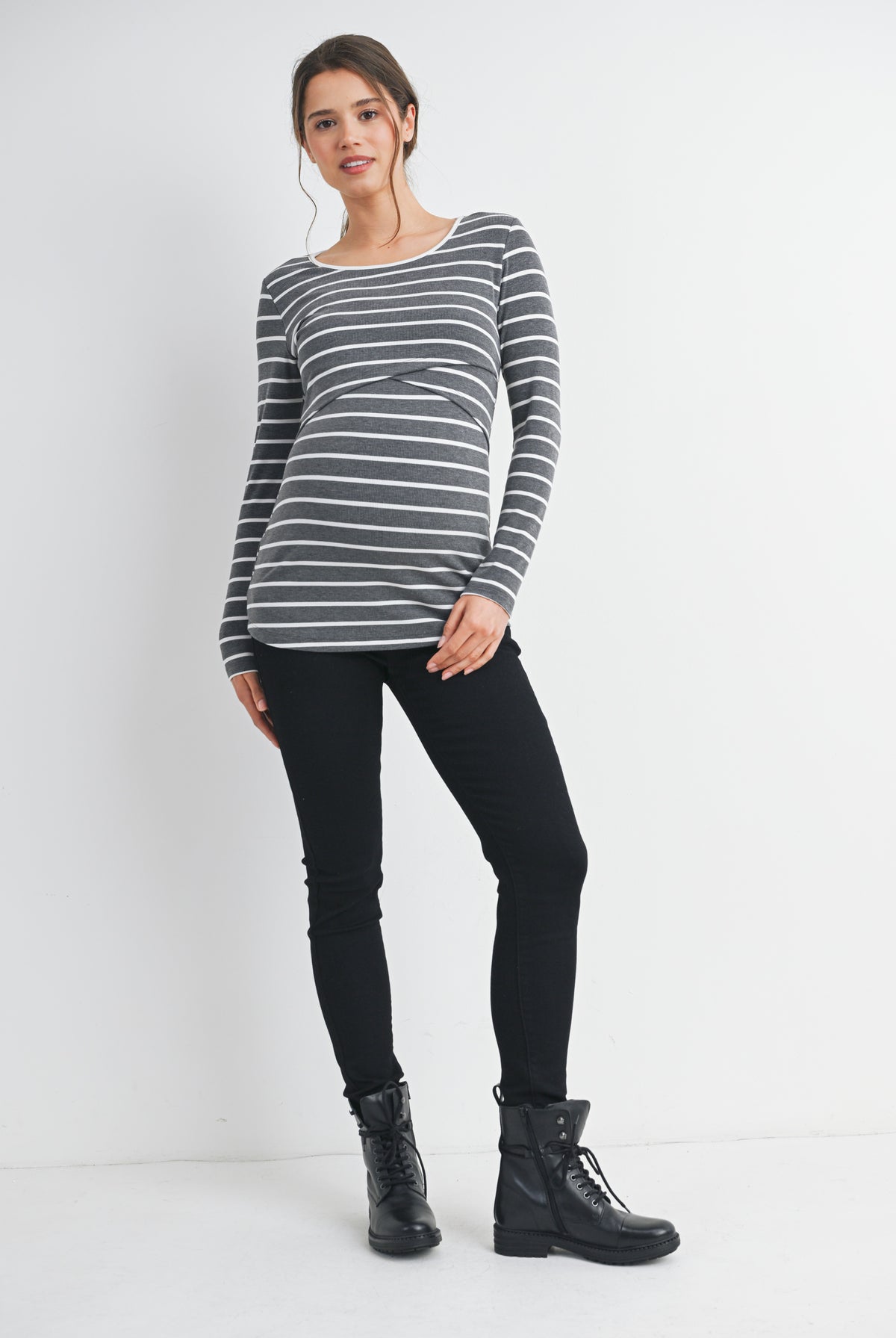 Charcoal Striped Double Layer Long Sleeve Maternity Nursing Top Full Body