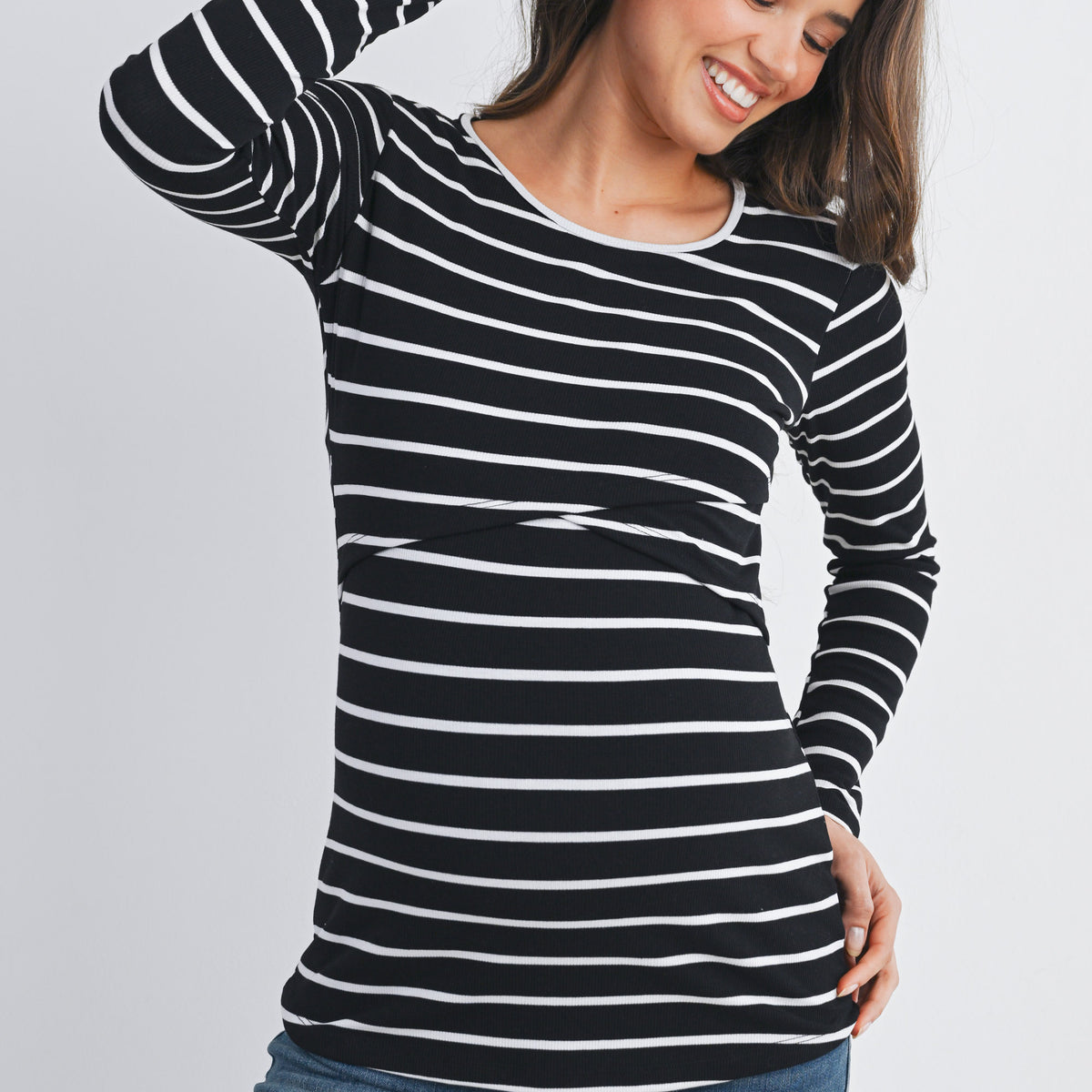 lack Striped Double Layer Long Sleeve Maternity Nursing Top Front View