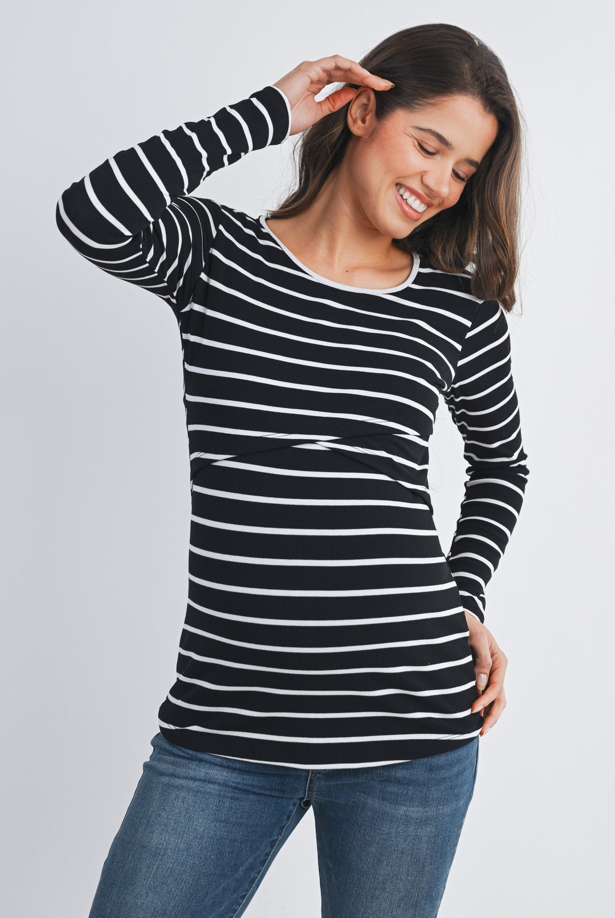lack Striped Double Layer Long Sleeve Maternity Nursing Top Front View