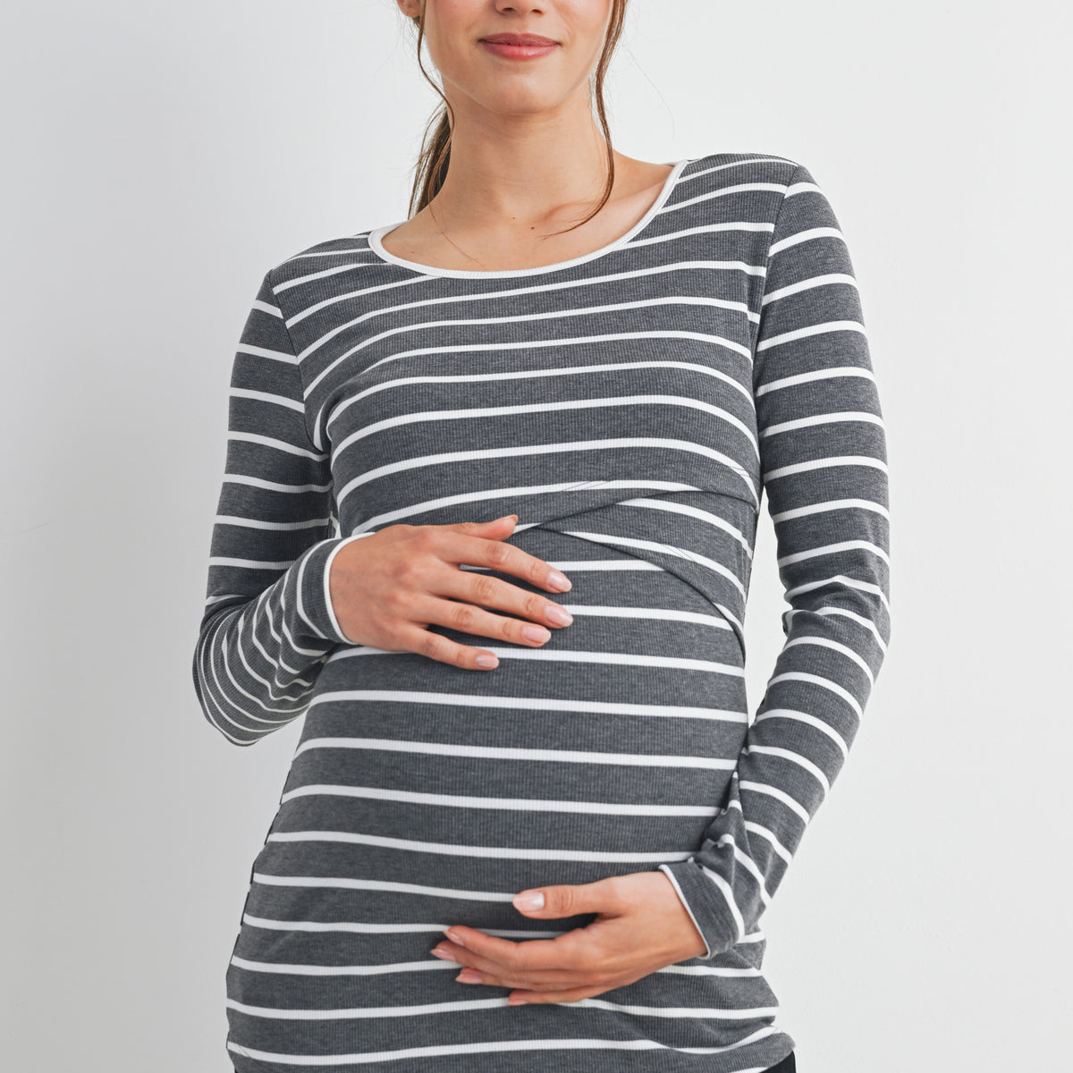 Charcoal Striped Double Layer Long Sleeve Maternity Nursing Top Front View