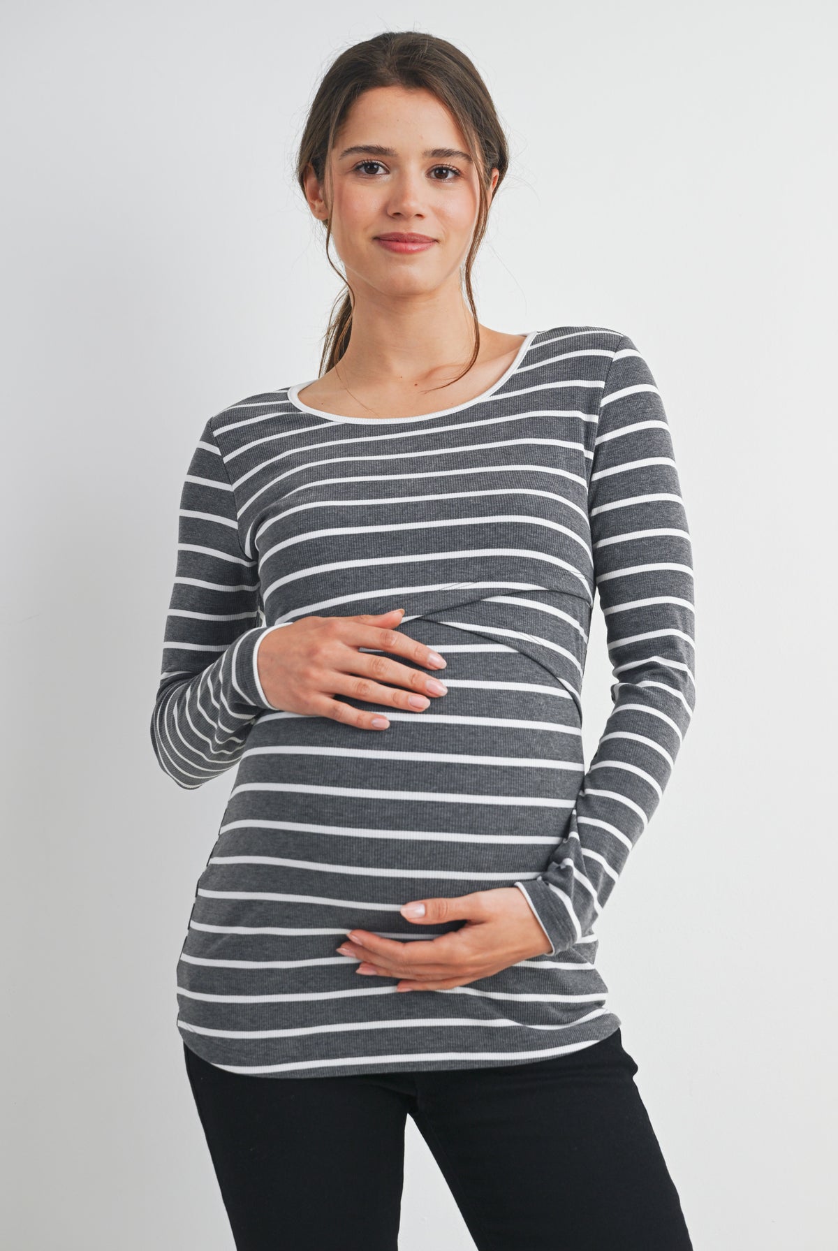 Charcoal Striped Double Layer Long Sleeve Maternity Nursing Top Front View