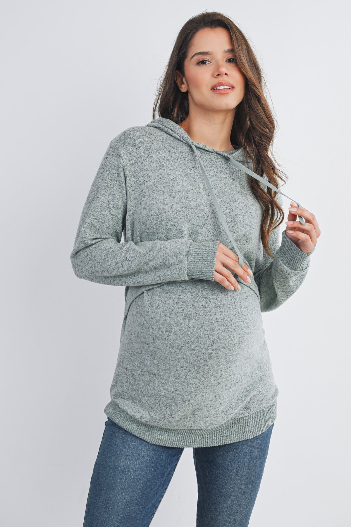 Mint Double Layer Knit Maternity Nursing Hoodie Front View