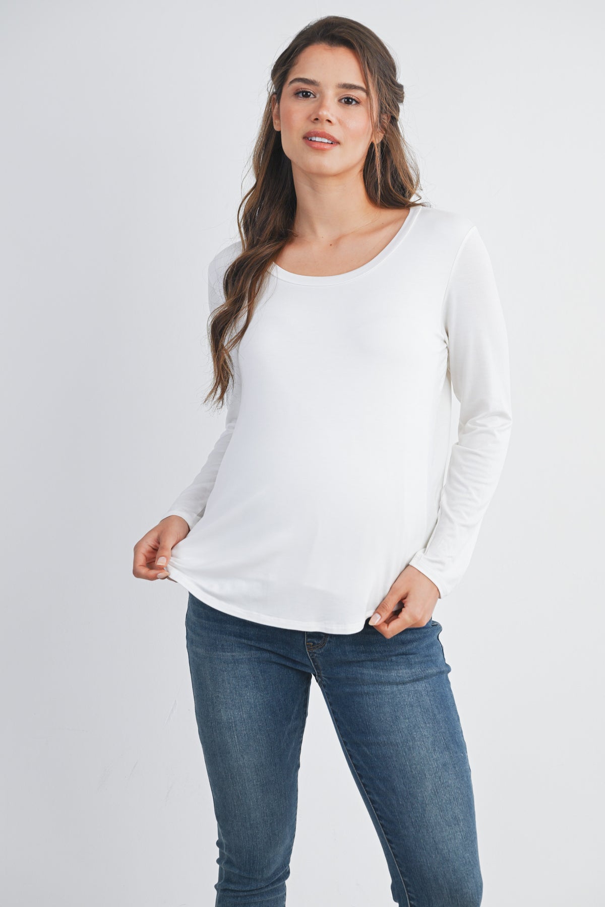 White Long Sleeve Scoop Neck Maternity Top Nursing Friendly Front View