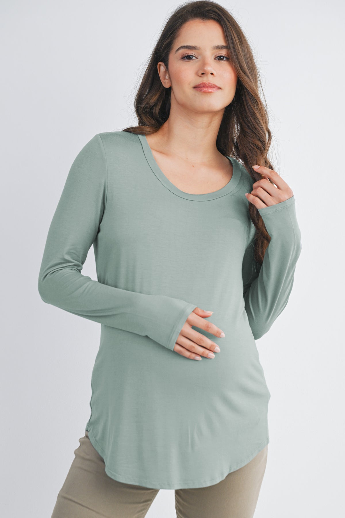 Sage Long Sleeve Scoop Neck Maternity Top Nursing Friendly Front View