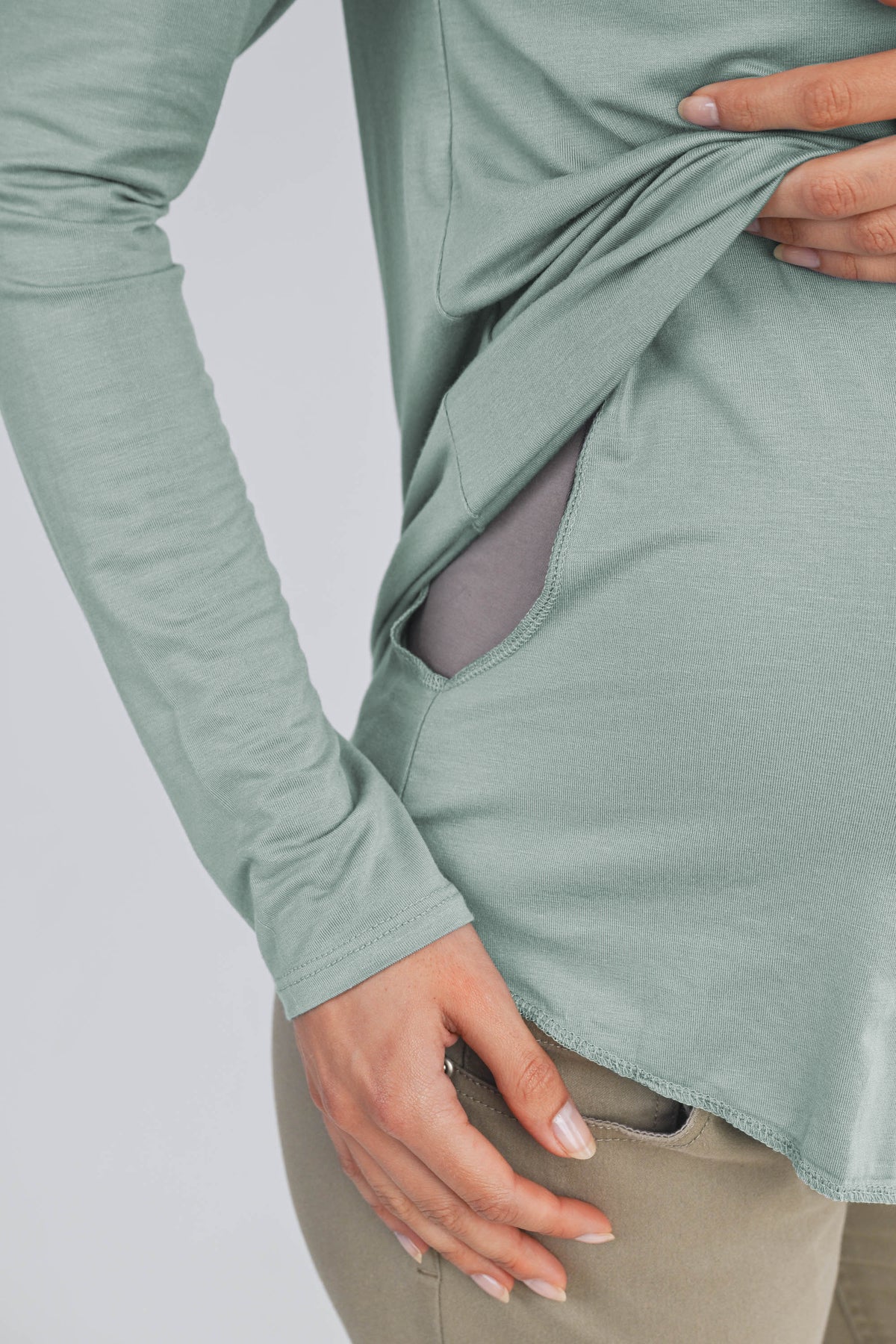 Sage Long Sleeve Scoop Neck Maternity Top Nursing Friendly Nursing Opening Detail