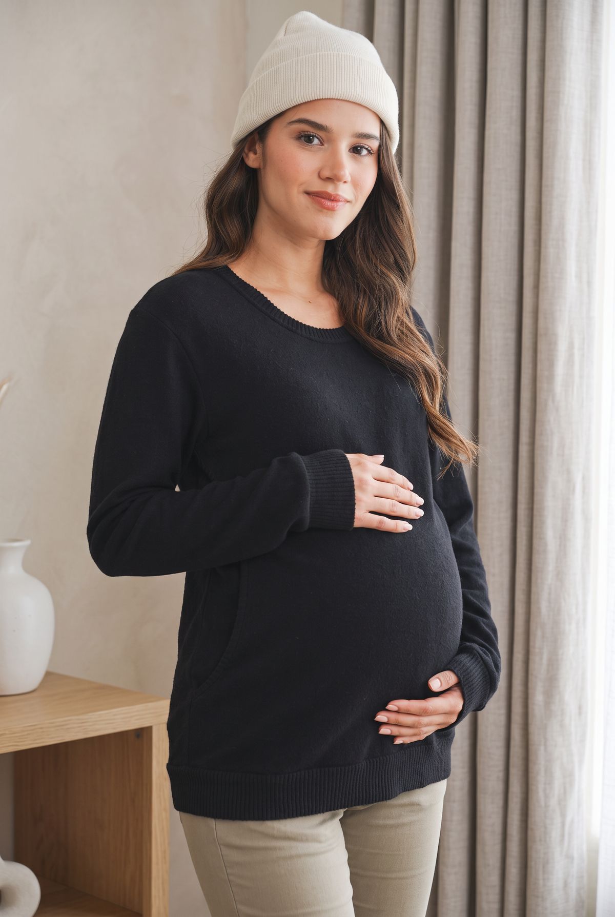 Black Scoop Neck Long Sleeve Maternity Pullover Nursing Top