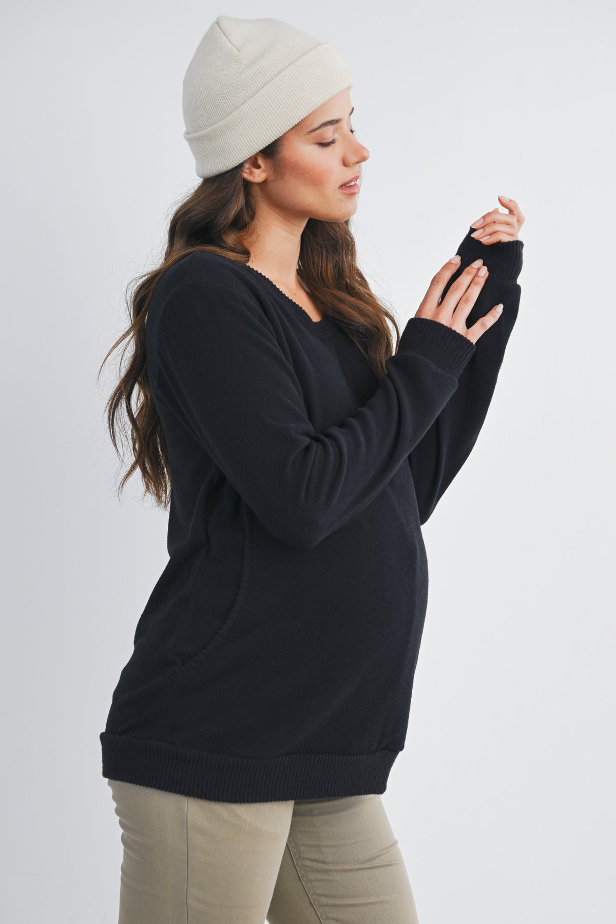 Black Scoop Neck Long Sleeve Maternity Pullover Nursing Top Side View