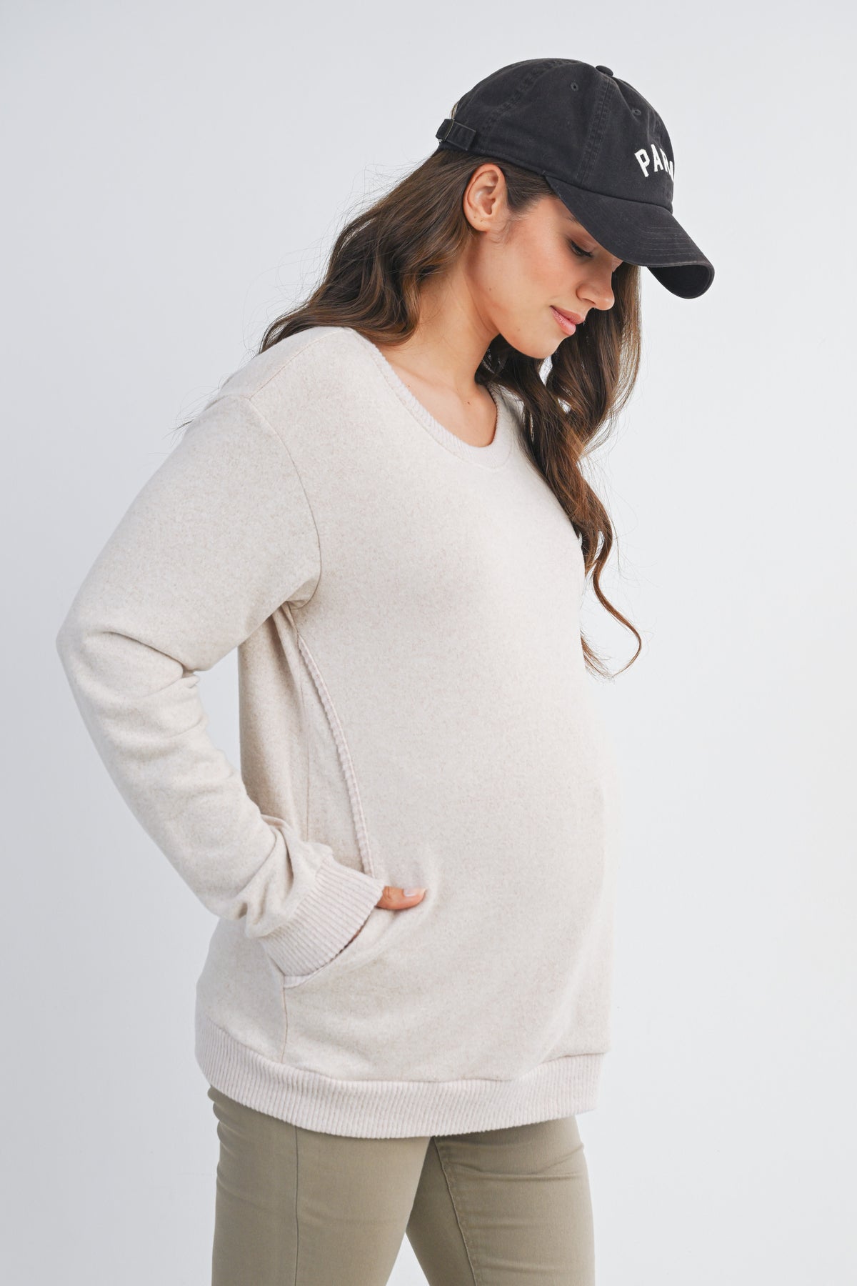 Oatmeal Scoop Neck Long Sleeve Maternity Pullover Nursing Top Side View.