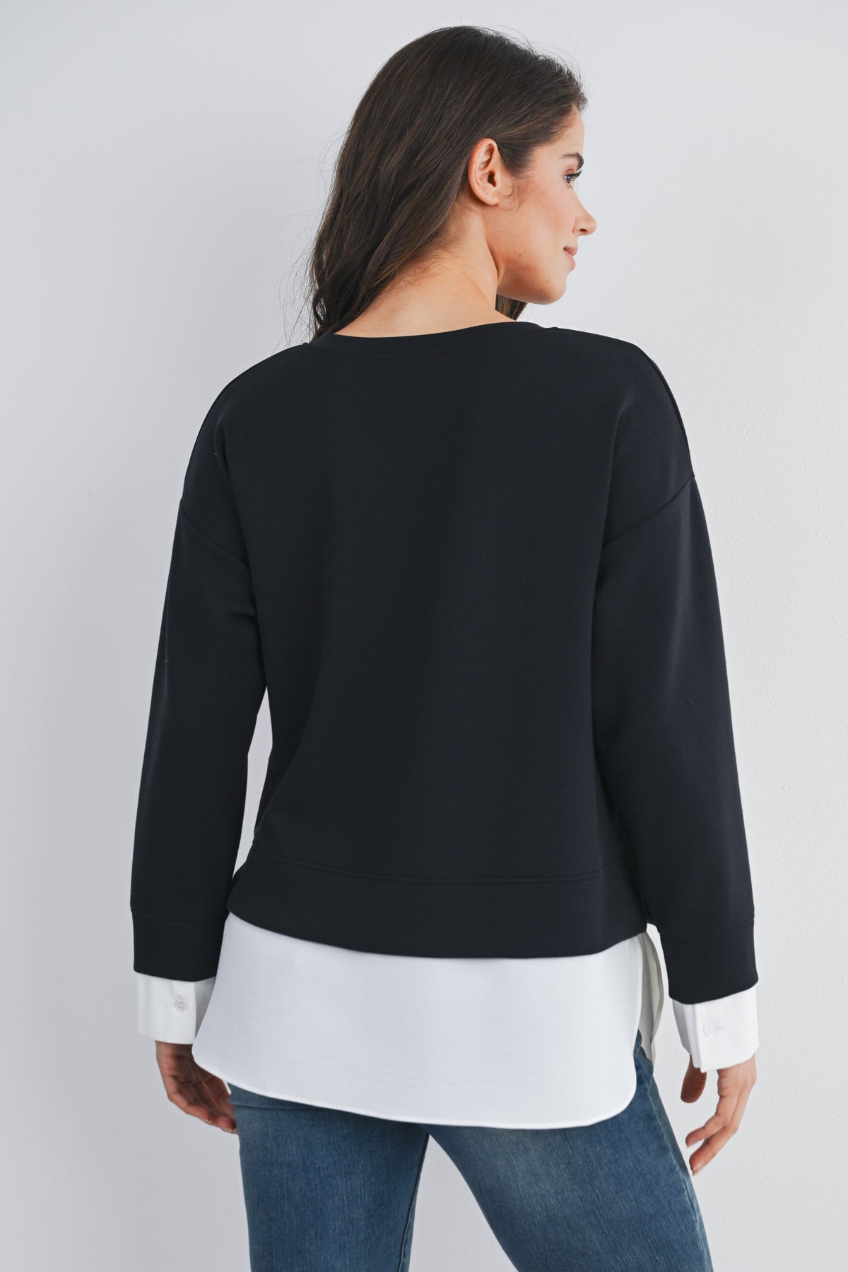 Black/White Casual Long Sleeve Twofer Sweatshirt Top Back View