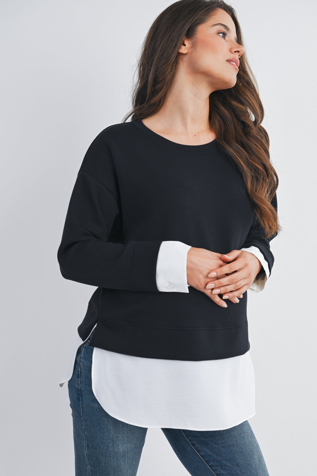 Black/White Casual Long Sleeve Twofer Sweatshirt Top Side View