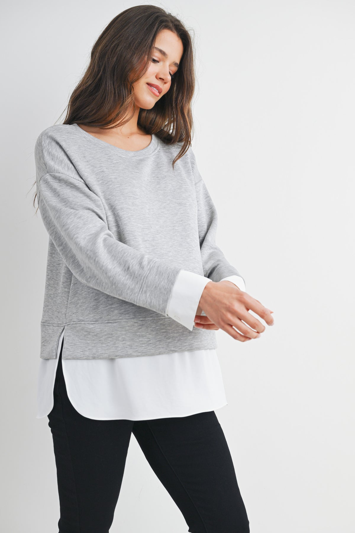 Grey/White Casual Long Sleeve Twofer Sweatshirt Top Side View