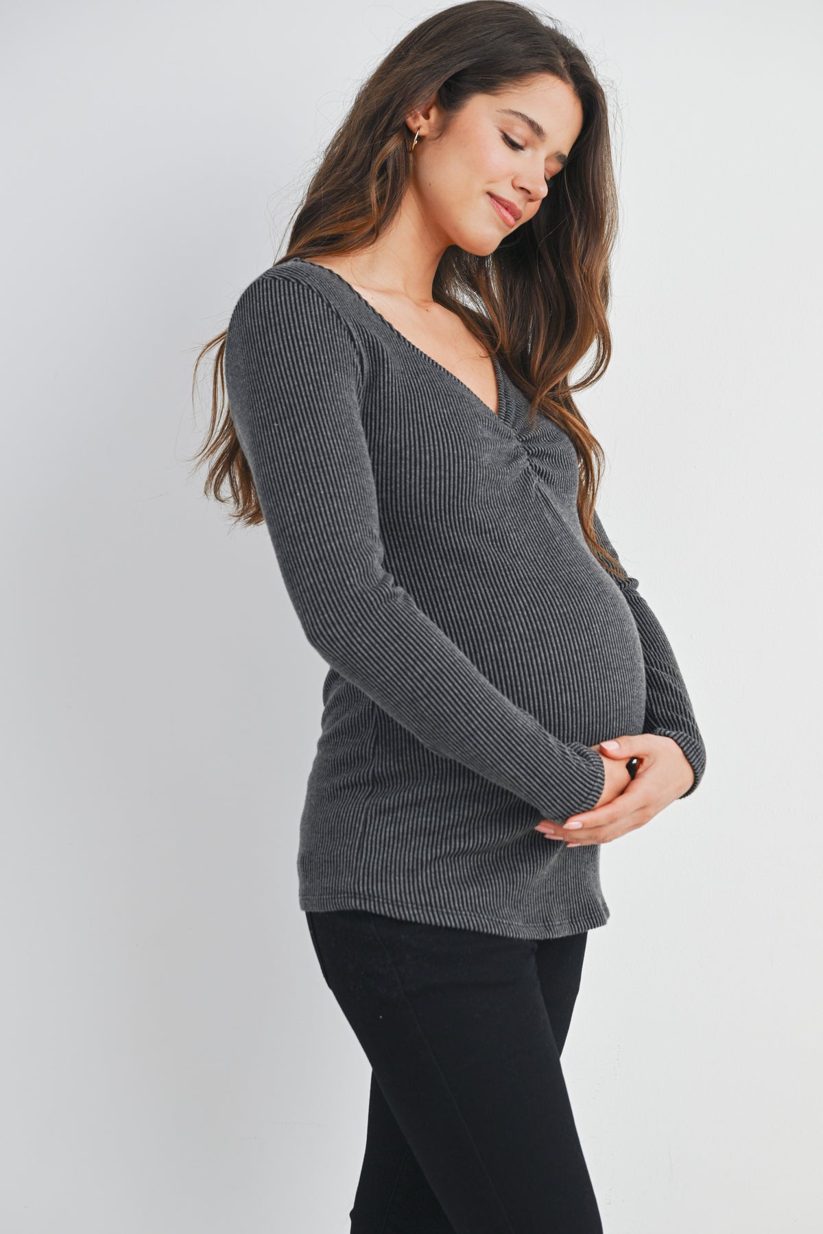 Charcoal Sweetheart Neck Long Sleeve Ribbed Maternity Top Side View