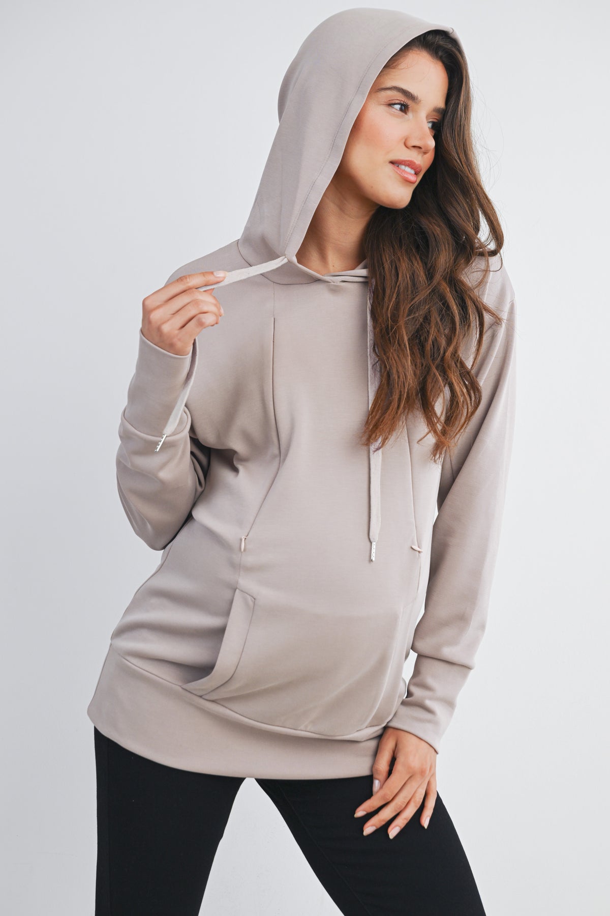 Taupe Casual Drawstring Kangaroo Pocket Maternity Nursing Hoodie Side View