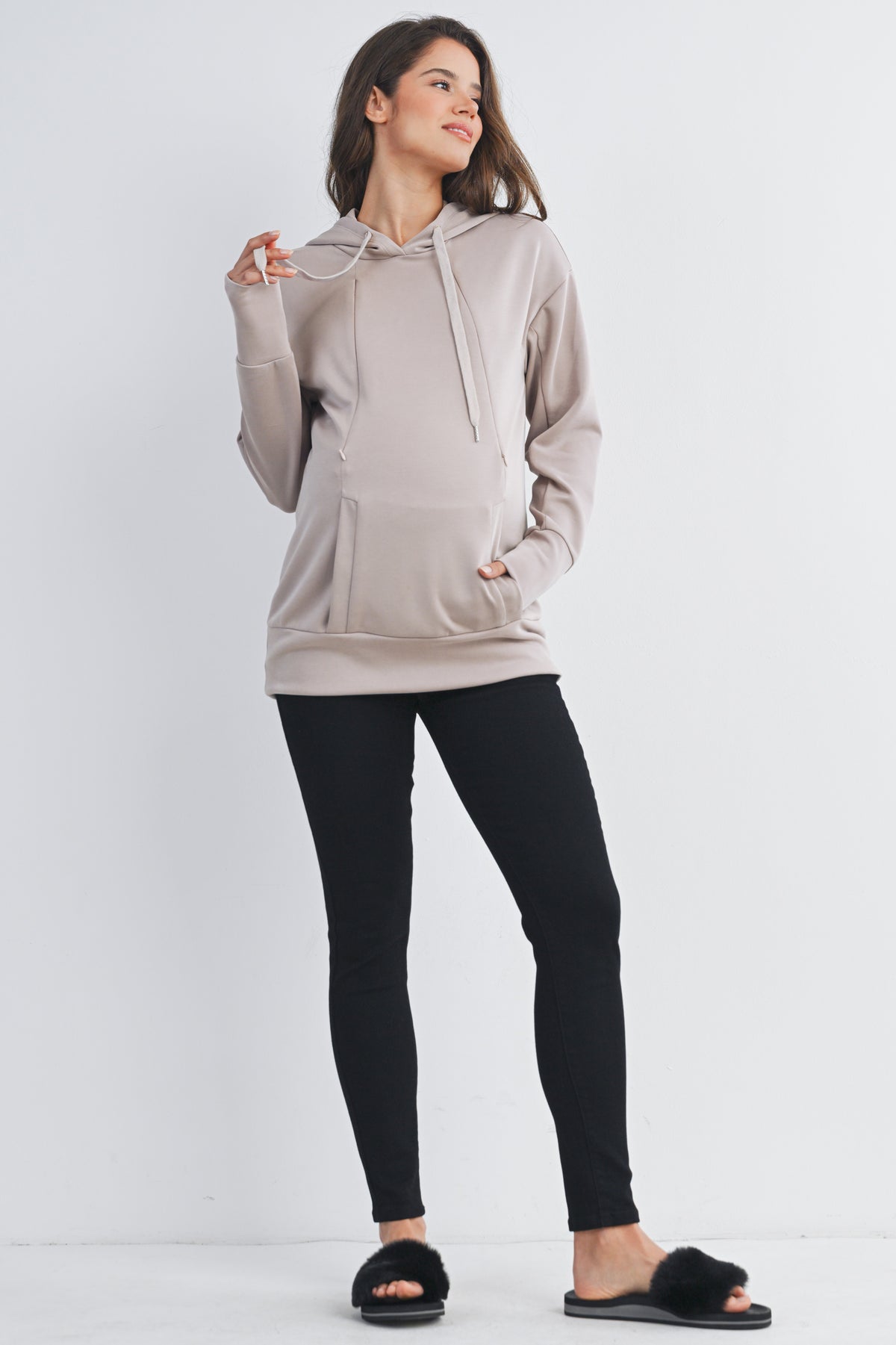 Taupe Casual Drawstring Kangaroo Pocket Maternity Nursing Hoodie Full Body