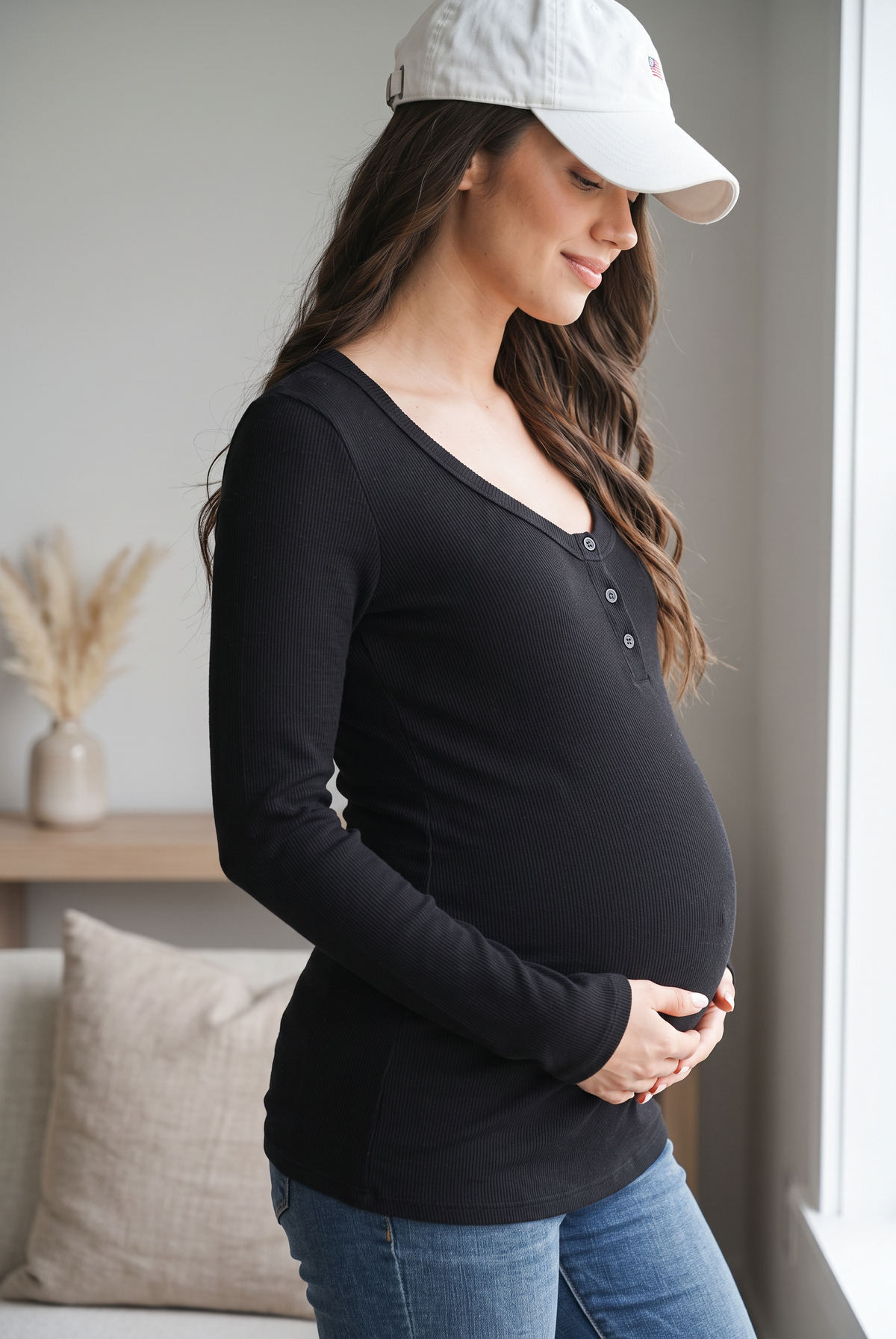 Black Ribbed Long Sleeve Henley Maternity Top