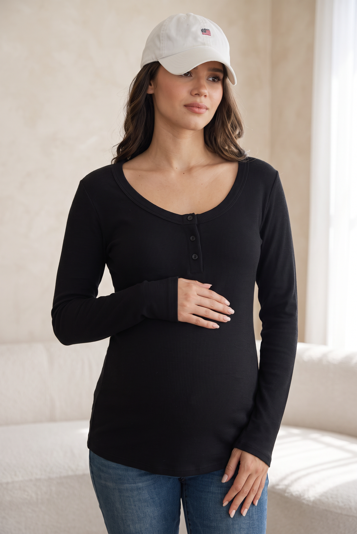 Burgundy Ribbed Long Sleeve Henley Maternity Top