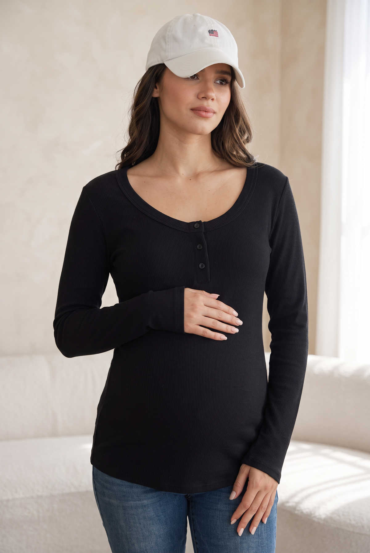 Burgundy Ribbed Long Sleeve Henley Maternity Top