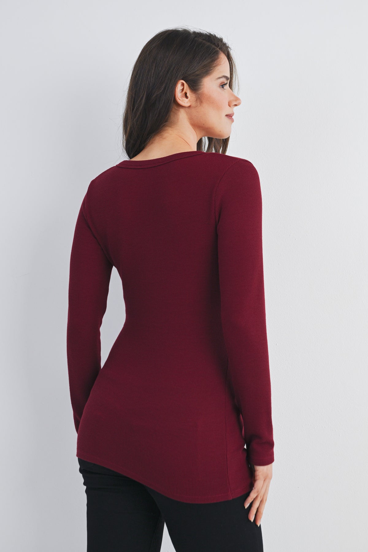 Burgundy Ribbed Long Sleeve Henley Maternity Top Back View