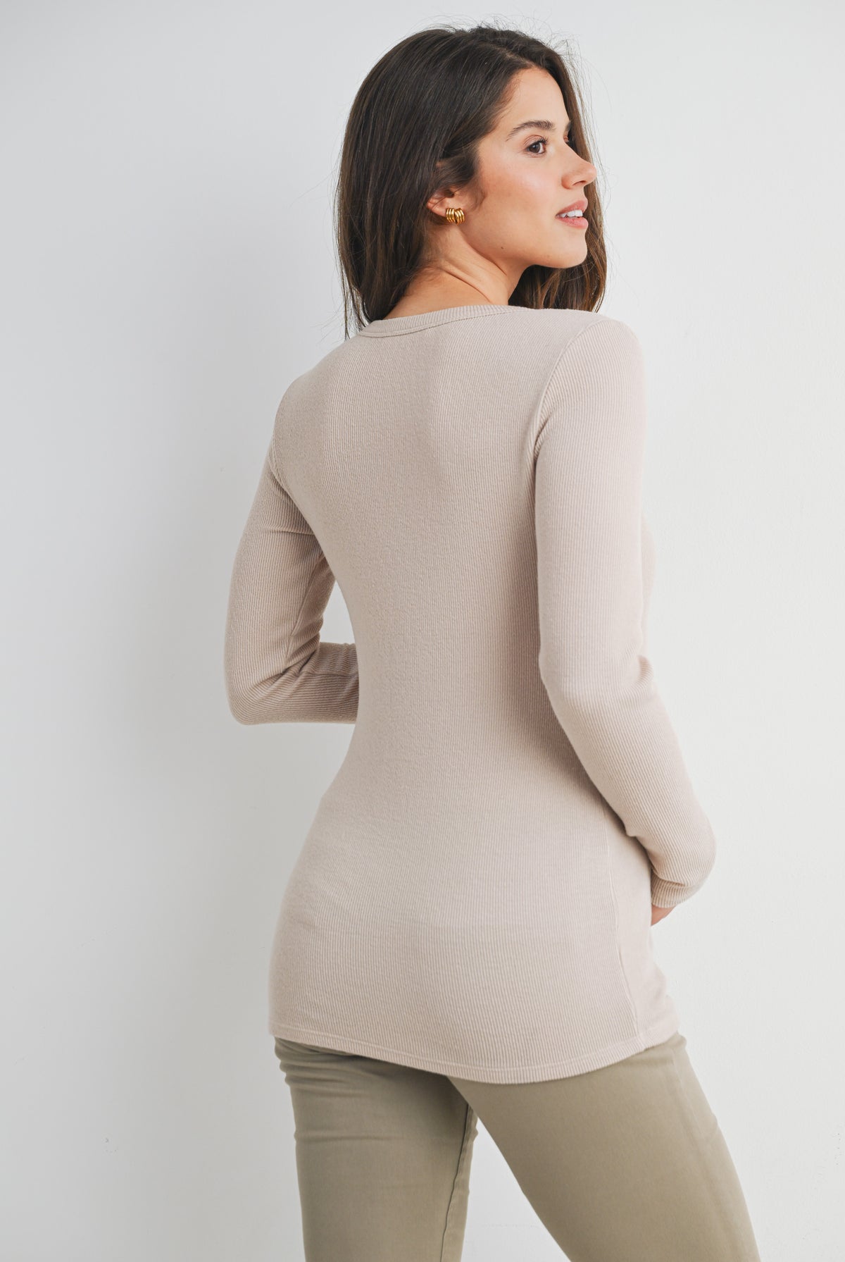 Taupe Ribbed Long Sleeve Henley Maternity Top Back View