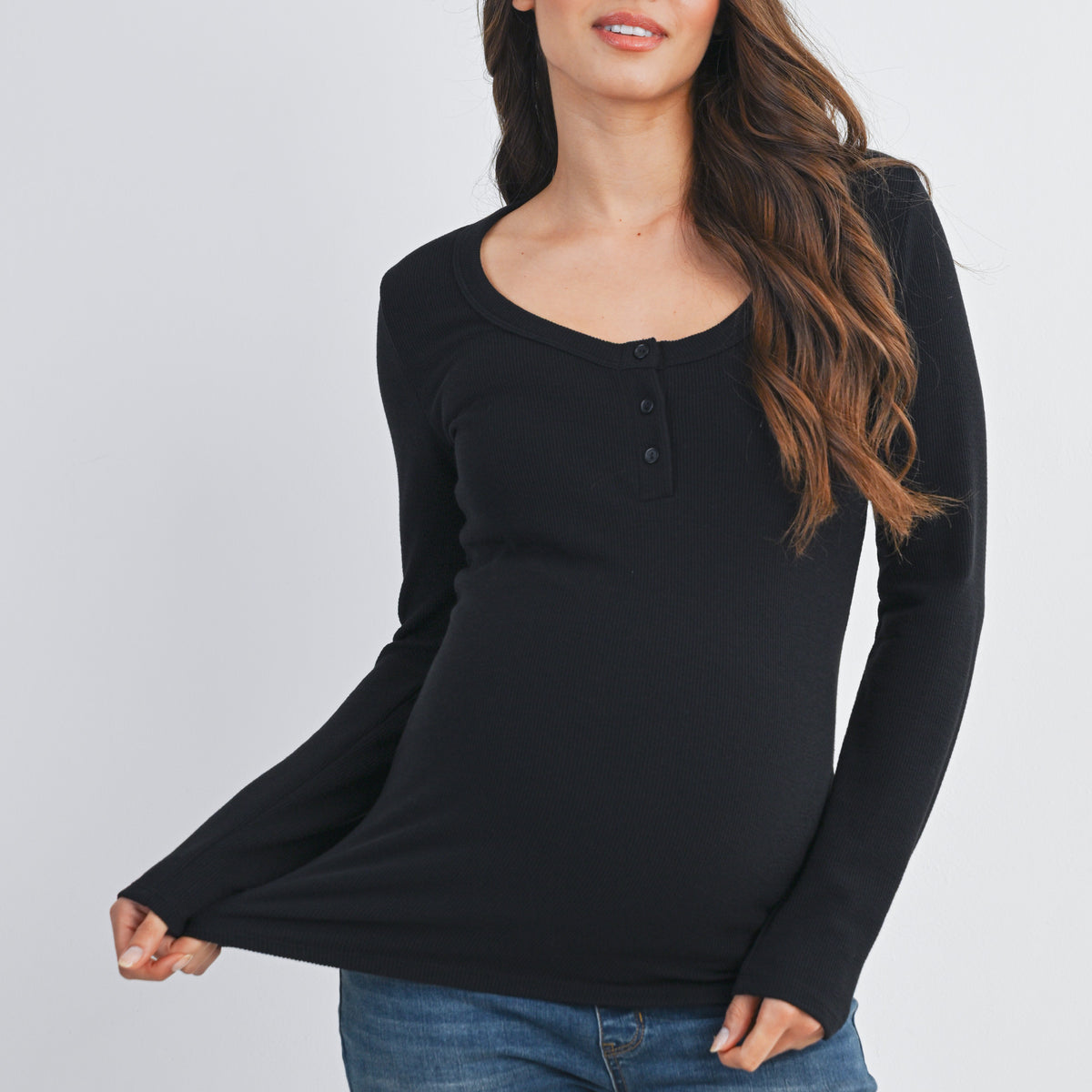 Black Ribbed Long Sleeve Henley Maternity Top Front View