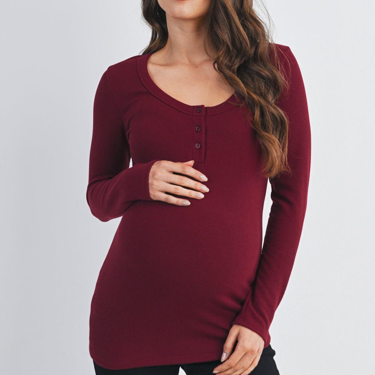 Burgundy Ribbed Long Sleeve Henley Maternity Top Front View