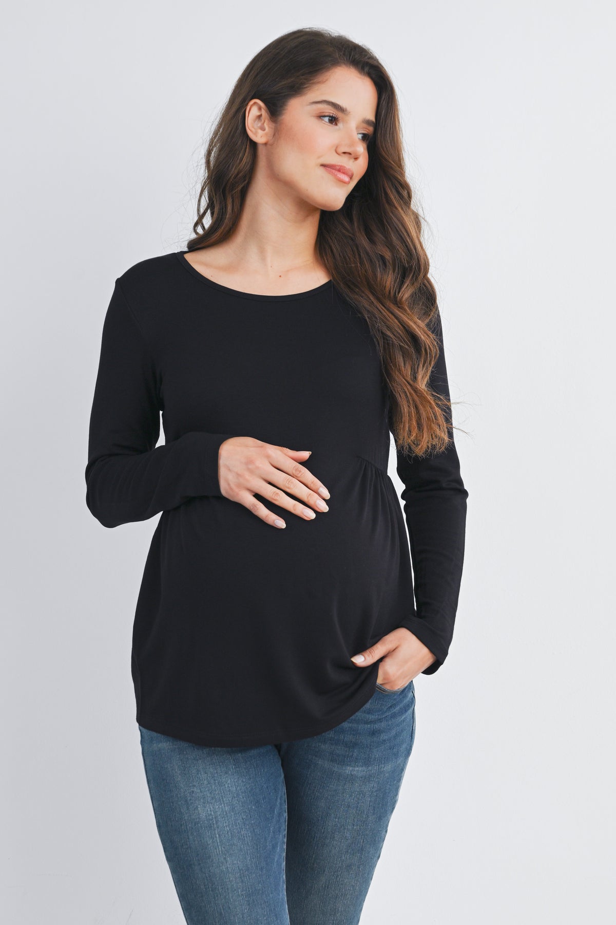 Black Scoop Neck Long Sleeve Ruched Maternity Top Font View
